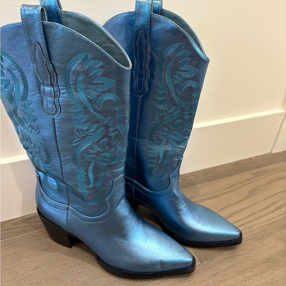 Blue‎ Metallic Cowgirl Western Cowboy Chunky Heeled Boots Size 9